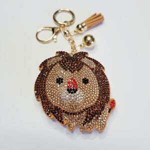 NWT Large Gold And Brown Leo The Lion Rhinestone Keychain Bag Charm With Tassel